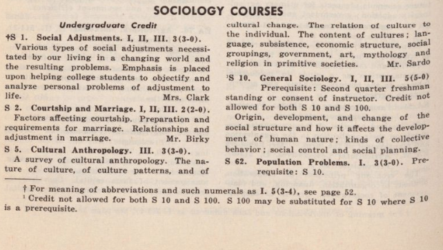 Sociology course listings from Colorado State University Biennial, 1959-61.