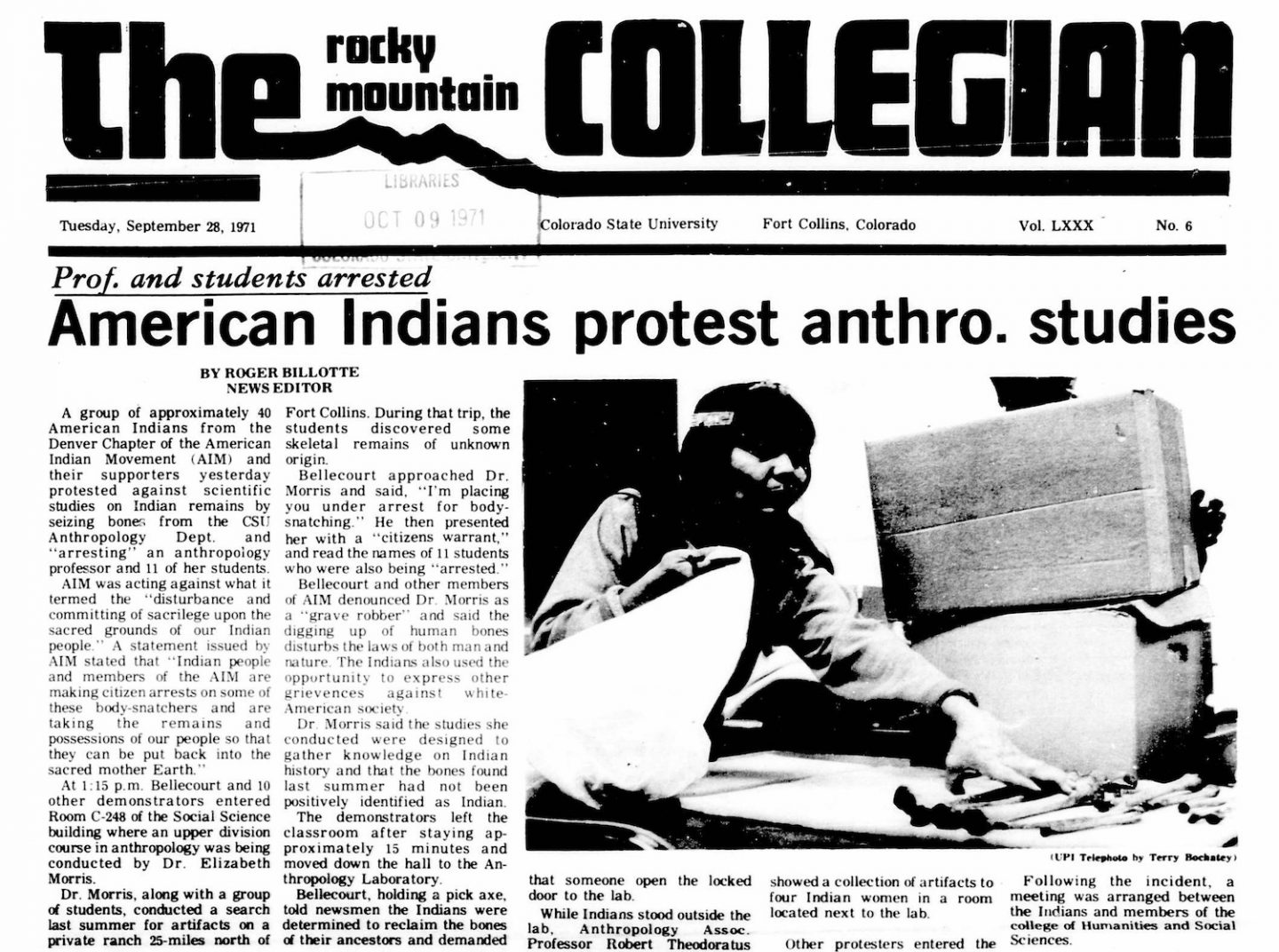 Front page of the Rocky Mountain Collegian, September 28, 1971, with headline, "American Indians protest anthro studies" and balck and white image of Native American touching objects on desk.