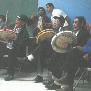 Upper Tanana Dene potlatch drummers and singers in eastern Alaska. 