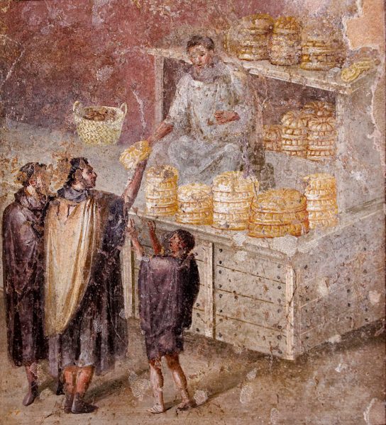 A fresco depicting the sale of bread in ancient Rome.