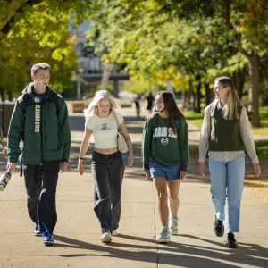 Four students wearing CSU clothing walk across campus