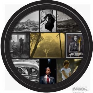 Black camera lens filled with a collage of photographs by Kristin Capp, Donna Ferrato, Larry Fink, Joyce Tenneson, Raphael Mazzucco, Alen MacWeeney, Peter Turnley, and Walter Iooss