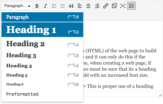 A screenshot of where the WordPress editor text format dropdown is located.