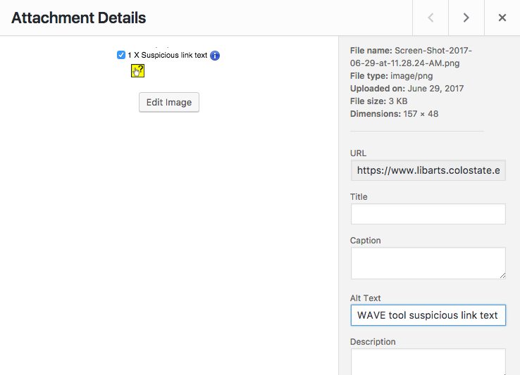 WordPress attachment details screenshot, showing where to add alternative text to images.