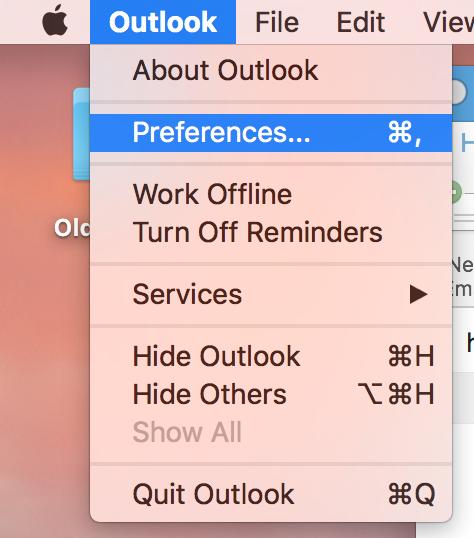 Screenshots - access the preferences on a Mac for Outlook