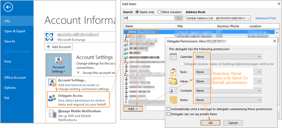 Screenshots - Granting permissions in Microsoft exchange