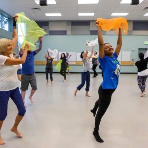 A group of preK-12 educators dance during Education in Motion