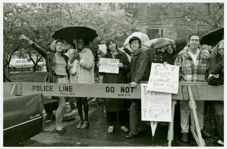 Gay rights activists at City Hall rally for gay rights: Sylvia Ray Rivera, Marsha P. Johnson, Barbara Deming, and Kady Vandeurs, 1973