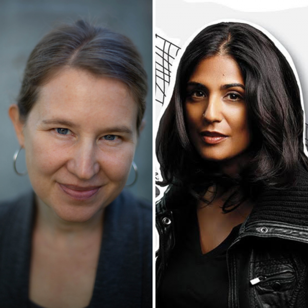Side by side headshots of the writers Eula Biss and Mira Jacob.