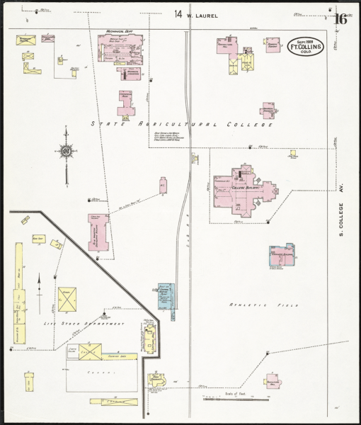shows the locations of roads and buildings of campus in 1909