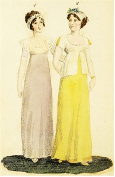 Two ladies standing in empire waisted gowns