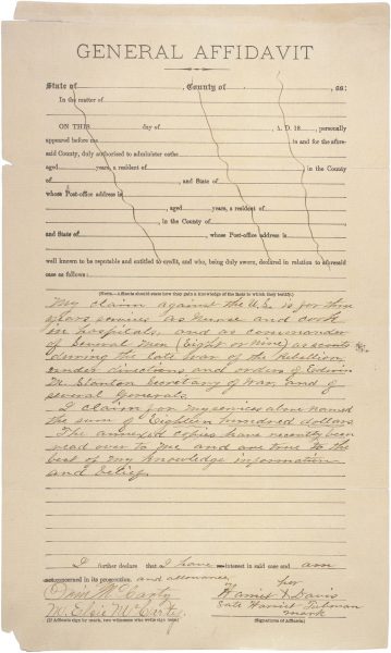 Page 1 of General Affidavit of Harriet Tubman Davis regarding payment for services rendered during the Civil War, c. 1898, RG 233, Records of the U.S. House of Representatives, National Archives
