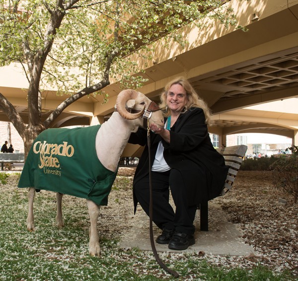 Ann Gill, former Dean of the College of Liberal Arts, with Cam the Ram, April 18, 2016