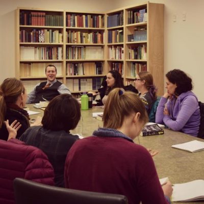 Assistant Professor Zach Hutchins and his E630D Special Topics in Literature: Gender Studies – Witchcraft class having a lively discussion.