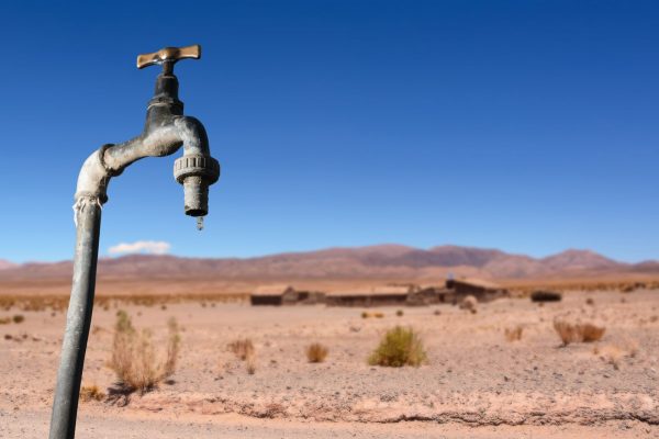 A faucet drips in front of an arid landscape