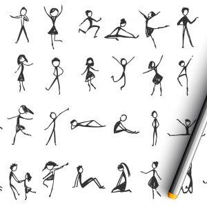 Collection of hand drawn sketches of people dancing and moving