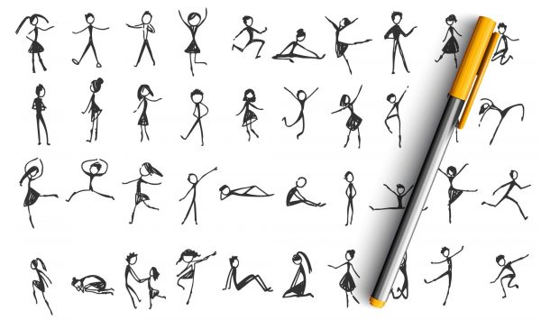 Collection of hand drawn sketches of people dancing and moving