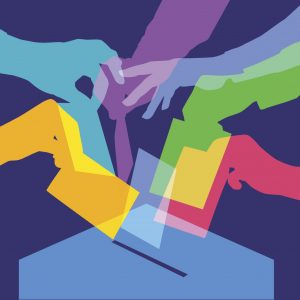 Colourful overlapping silhouettes of people voting