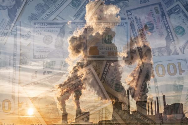 U.S. bills transparently placed behind a landscape shot of a oil rig
