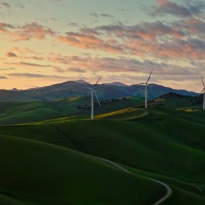 Aerial photograph of green hills in Altamont, California. The hills are dotted with windmills.