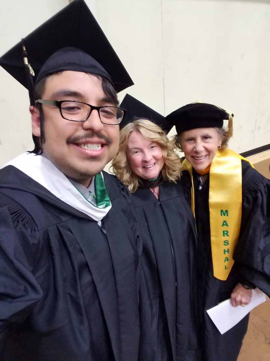 Caleb González with MFA friend Melissa and faculty Sue Doe at commencement