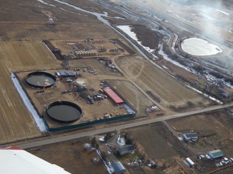 Aerial look at a Weld County drilling site