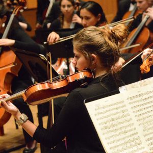 Violin section of the Concert Orchestra performance pictured