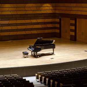Grand Piano pictured on Griffin Concert Hall stage