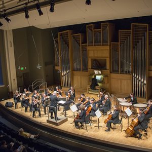 Members of the Fort Collins Symphony, directed by Wes Kenney, performing in the Organ Recital Hall