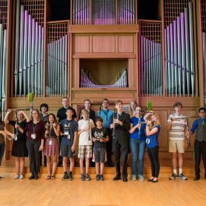 Jr. LIFT Clarinet Academy clarinet students and Professor Wesley Ferreira in the Organ Recital Hall