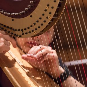 A harpist promoting the Concerto Competition Finals
