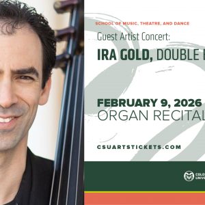 Promotional screen for 2026 guest artist, Ira Gold pictured with bass