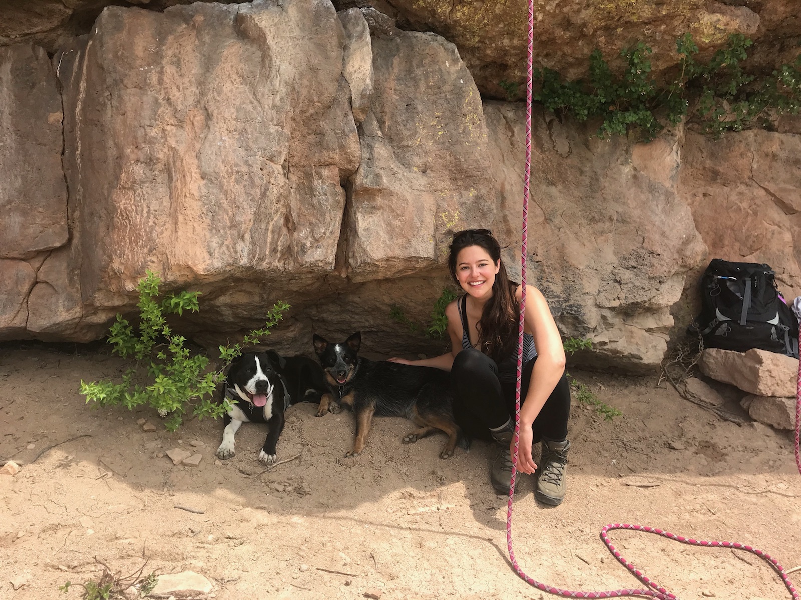 Galen posing with two dogs outside