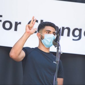 aram sahakyan speaking at march