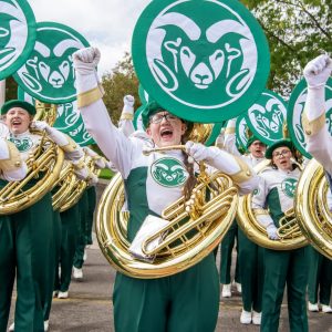 Sousaphone players in CSU Marching Band