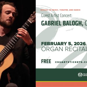 Promotional screen for 2026 guest artist, Gabriel Balogh pictured with guitar