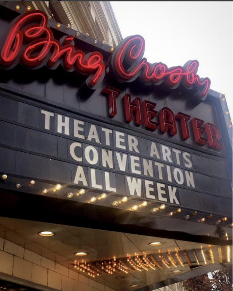 Bing Crosby Theatre marquee says "Theatre Arts Convention All Week"