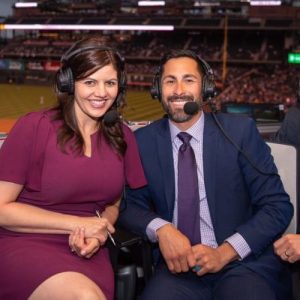 Jenny Cavnar, Ryan Spilborghs, and Jeff Huson in the Rockies broadcast booth