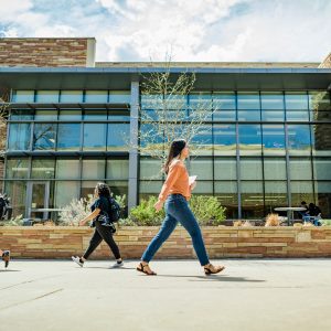 Students enjoy a warm spring day on the Colorado State University campus, April 26, 2019.