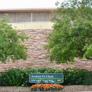 Clark A and its signage on the north side of the building