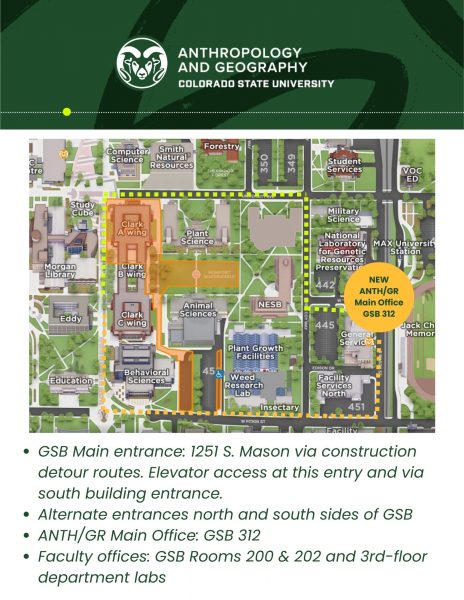 Map showing how the Anthropology and Geography department has moved to General Services Building 312