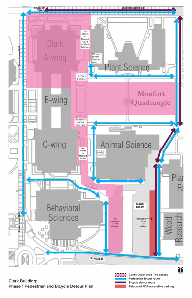 Map showing pedestrian access closure of Monfort Quad and Clark !, with limited walking available to the south entrance of Clark