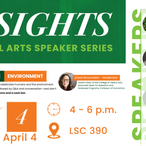 Humans and the Environment - Insights Speaker Series to be held Thursday, April 4 at 4-6 pm in LSC390