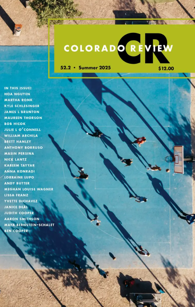 Colorado Review Summer 2025 cover which features an aerial shot of a blue basketball court on the beach