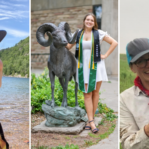 The image features three different photos: in the left photo, a woman smiles at the camera with water in the background, in the middle photo a woman in graduation cords stands with a ram statue, and in the right photo, a woman wearing a hat stands in the field holding a tool.