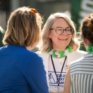 Dean Kjerstin Thorson speaking with donors