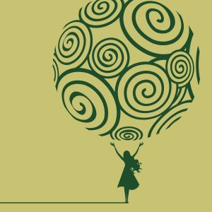 Illustration of a woman holding up a swirling globe of spirals