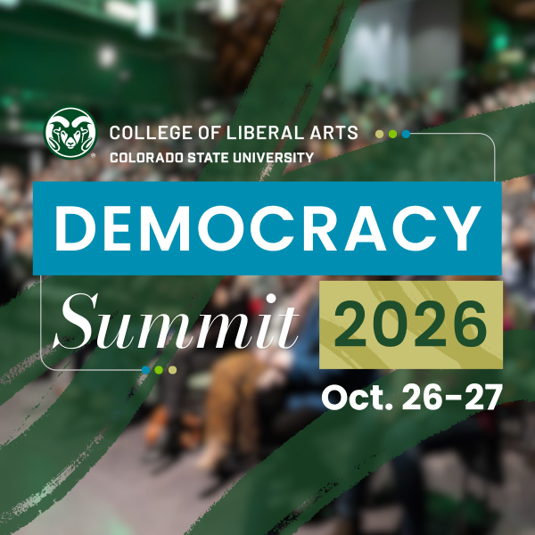 Democracy Summit 2026 is Oct. 26-27; brush stroke illustration over an audience photo in the LSC Theatre