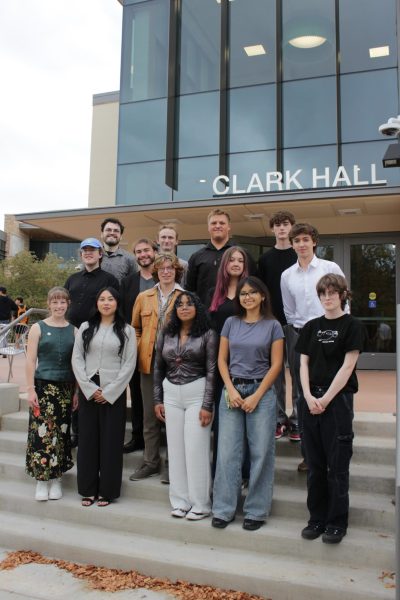 CLARC - College of Liberal Arts Representative Council group posing in front of Clark Hall on the CSU campus