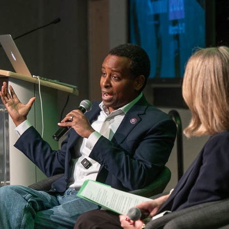 Congressman Joe Neguse and College of Liberal Arts Dean Kjerstin Thorson talk at Colorado State University’s 2026 Democracy Summit. March 10, 2026